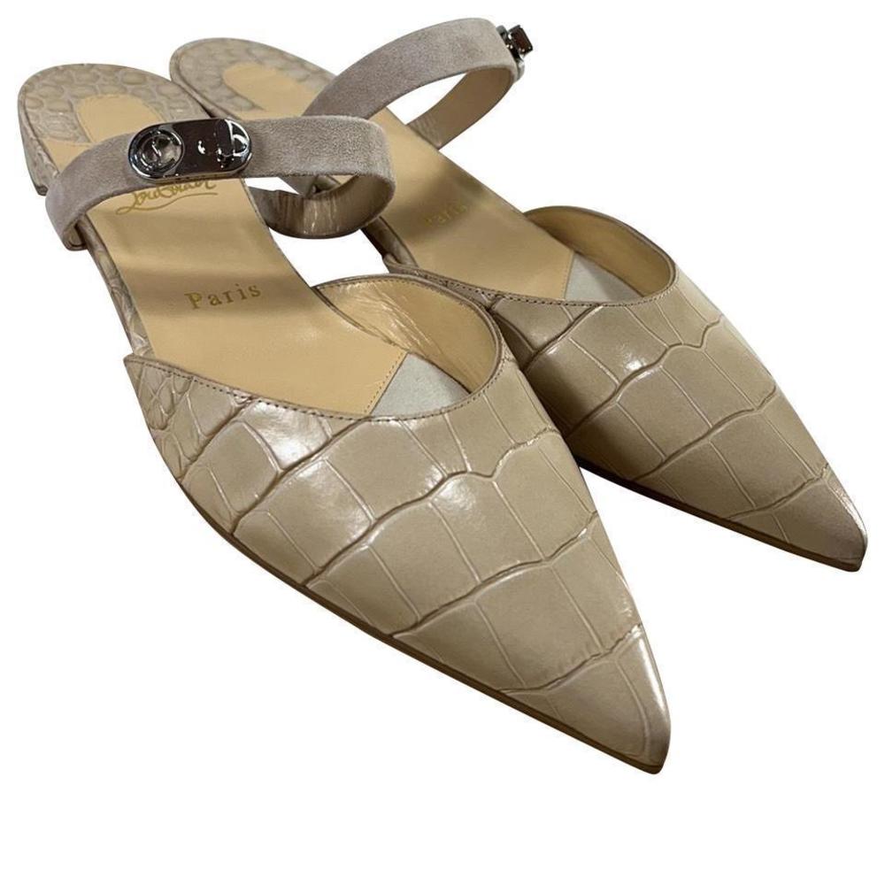 Choc lock Mock Beige Nougat Croc Embossed leather mules flats E110